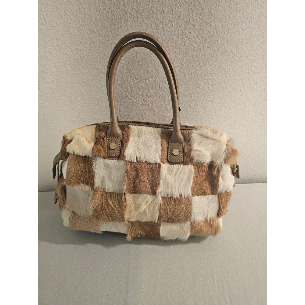 Letizia Satchel Brown White Patchwork Calf Hair Handbag